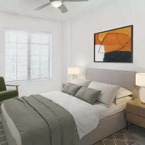 Bedroom with ceiling fan at Camden Central high-rise apartments in St. Petersburg, FL