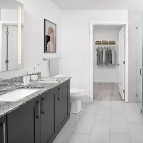 Luxury bath with walk-in closet and glass-enclosed shower at Camden Central high-rise apartments in St. Petersburg, FL