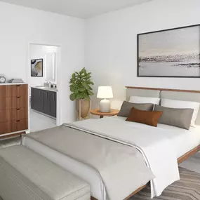 Bedroom with ensuite bath at Camden Central high-rise apartments in St. Petersburg, FL