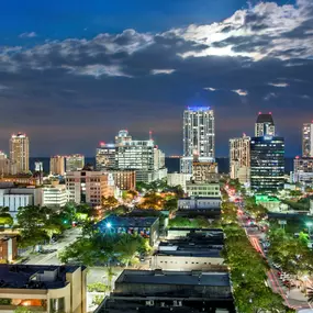 View looking East of St. Pete skyline at dusk.