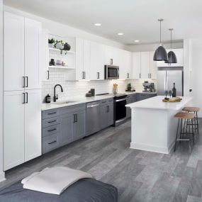 Spacious kitchen with island and stainless steel appliances with wood-style flooring at Camden Durham apartments in Durham, NC.