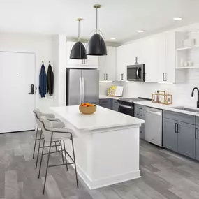 Townhome kitchen with island at Camden Durham Apartments in Durham, NC