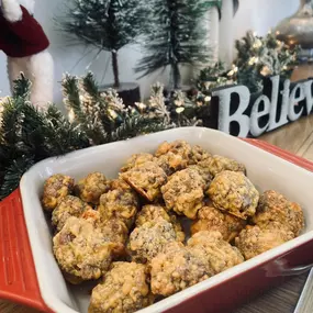 TWELVE DAYS OF RECIPES  
We are kicking this season off with one of my favorites…  
SAUSAGE BALLS  
by Cole Turbeville  

-> 6 cups bisquick  
-> 2 pounds extra sharp cheddar cheese (shredded)  
-> 2 pounds pork sausage  

Mix all ingredients together  
Form into 1 1/2-inch balls & place on baking sheet  
Bake for 25-30 minutes at 300°  

ENJOY!  

Stop by the office and grab one with a soda!