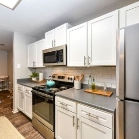Fully Equipped Gourmet Kitchen and Pantry, with Breakfast Bar and Custom Backsplash at Lake Cameron Apartment Homes