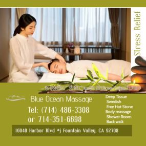 Blue Ocean Massage is the place where you can have tranquility, absolute unwinding and restoration of your mind, 
soul, and body. We provide to YOU an amazing relaxation massage along with therapeutic sessions 
that realigns and mitigates your body with a light to medium touch utilizing smoother strokes.