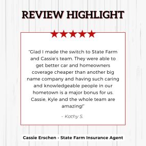 Cassie Erschen - State Farm Insurance Agent
Review highlight