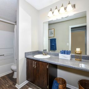Gorgeous renovated bathrooms with updated counters and cabinetry at Addison on Cobblestone Apartment Homes