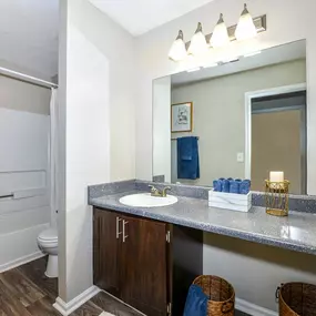 Gorgeous renovated bathrooms with updated counters and cabinetry at Addison on Cobblestone Apartment Homes