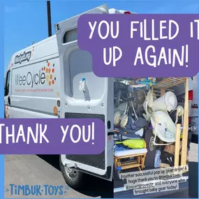 Thank you for donating your new and gently used baby gear to WeeCycle today! Thier van is stuffed to the brim, and on its way to make families happy!