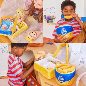 Yummm, our mouths are watering! These oversized Lunchables plushies are a trendy, cuddly surprise inside a soft square container. Pair as a back-to-school gift with the plush Kraft Mac & Cheese cup!