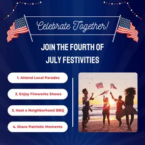 Celebrate the Fourth of July with your community! Join local parades, enjoy fireworks, and host a neighborhood BBQ to make the day extra memorable. How are you celebrating?