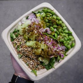 Little Red Riding Hood: Arugula and edamame wrapped in whole wheat dough with shallot, melon, scallion, toasted sunflower seed, zatar and spicy pickled pineapple sauce.