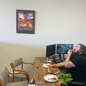 National pizza day means a pizza party in the office. It had to be Louie’s. And of course, we got the cheese bread, IYKYK. Our big game movie poster also got hung up just in time for this weekend!