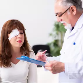 Doctor talking with female patient with patch over her right eye