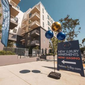 Building exterior at Fedora x Trilby Apartments in Los Angeles, CA 90005