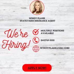 The Windy Plank State Farm office is looking for talented individuals to join our team! We offer a variety of insurance products to keep our clients safe and secure. Whether you're a customer service whiz or a sales superstar, there's a place for you at our Charleston, SC State Farm office!