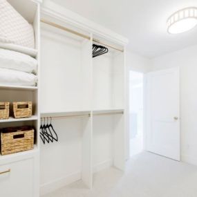 Get the chaos under control! We help keep bedroom closets from becoming overwhelmed, through the skillful arrangement of shelves, drawers, shoe racks, belt racks, back pack hooks, laundry bins, and more.