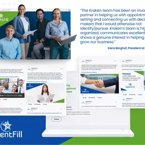 “The Kraken team has been an invaluable partner in helping us with appointment setting and connecting us with decision makers that I would otherwise not identify/pursue. Kraken’s team is highly organized, communicates excellently, and shows a genuine interest in helping us grow our business.” Kiera Berghof, President at TalentFill