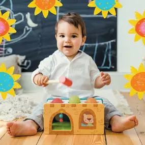 Did you know that we carry a large selection of baby and toddler toys? This one just got added to the favorites list! Crown a new king or queen of cause + effect with this high quality, wooden knocking bench that's super sensory fun for babies.