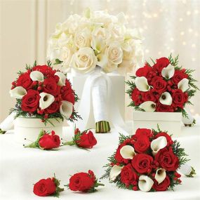 Make your wedding day unforgettable with these hand-designed, holiday-themed arrangements that arrive fresh from our premier florists. This festive collection includes: • 1 White bridal bouquet, handcrafted from red roses, 8 white Calla lilies, red hypericum and assorted seasonal greens such as noble, fir, white pine, cedar and holly, tied with a white satin ribbon; you may also choose an all-white bridal bouquet• 3 holiday bridesmaids bouquets, featuring red roses, white miniature Calla lilies,