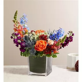 Share a unique and beautiful autumn harvest. Our loosely gathered bouquet features a delightful mix of blooms, arranged in a unique crescent shape. Highlighted by blue thistle—with a blend of red, orange, purple and peach—it’s designed in a trendy glass cube vase for a stylish part of any seasonal decor. All-around arrangement with blue thistle and delphinium, orange roses and snapdragons, red cushion poms, peach mini carnations, purple stock, Queen Anne’s Lace; accented with assorted greenery O