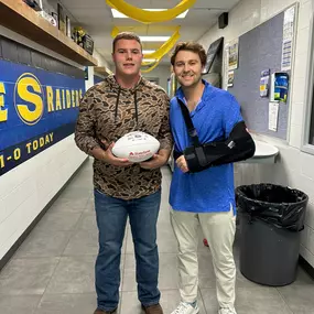 This is a special week for the HT insurance player of the week, because your Sunnyvale Raiders are your DISTRICT CHAMPS!
To celebrate we have big man Blaze Flanagan as player of the week. Blaze is a 3 year starter who graded out as a 97 as commander of the O line at the center position. He had them pancakes stacking like IHOP!
Give it up for Blaze!