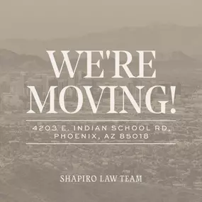 We're thrilled to share that our new office is opening soon in Phoenix! We're excited to make the move from Scottsdale to Phoenix and have the space we need to continue providing superior service to our clients. 
“With the additional space this new building gives us, we can continue to provide quiet rooms for clients to speak comfortably about their case,” Shapiro added. “We are committed to helping our clients feel at ease while navigating the emotional ups and downs of the legal process follow