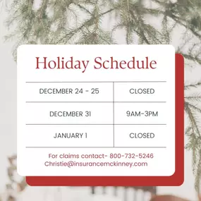 Our office will be closed for the next few days as we celebrate the holiday season with our families. Should you require assistance with an ID card, bill payment, or claim filing, please visit our website at www.insurancemckinney.com. We extend our warmest wishes for a Merry Christmas & Happy Hanukkah