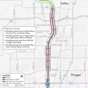 North Texas Tollway Authority UPDATE: As part of the ongoing work on the Dallas North Tollway (DNT) Phase 4A project. To ensure the project progresses safely and efficiently, specific lane closures will be implemented through August 12-17.

Upcoming Lane Closures:
Monday, August 12 through Saturday, August 17 (6:30 a.m. to 6:30 p.m.)
Location 1: Dallas Parkway from First St. to Frontier Pkwy.
Details: Daily north- and southbound left lane closures.
Location 2: Dallas Parkway from Light Farms Way