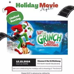 Join us for a festive movie night as we spread holiday cheer with a complimentary screening of The Grinch!