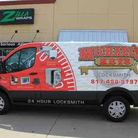 Michael's Keys Locksmith van in Keller, TX, showcases their mobile locksmith services with details.