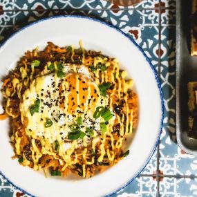 Mushroom Fried Rice with a Fried Egg and Madras Curry Aioli and Pork Vindaloo Sliders