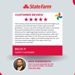 We love to help our customers! Call us anytime for a free quote. Nick Ainsworth State Farm Castle Pines