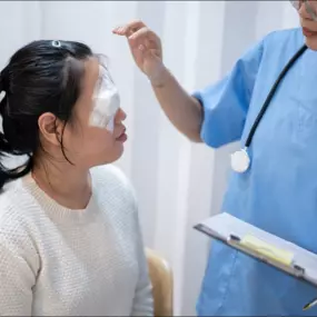 Female patient with patch over right eye meeting with doctor