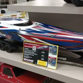 Check out these RC New Arrivals!! First up is the Traxxas Spartan SR..can reach speeds of 50 + MPH!! And why not tow it around on it's very own boat trailer?? You could be the coolest cat on the water..