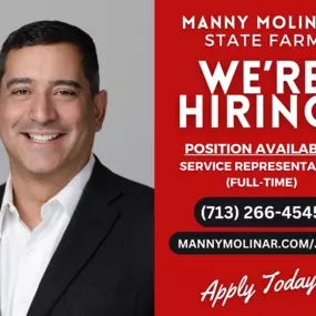 Join our team at Manny Molinar State Farm and have a positive impact on the lives of individuals in our community!

We are currently hiring at our Katy office for a Full-Time Service Representative. Visit our website or call us for more information on how to pursue a fulfilling career with ample opportunities for advancement.