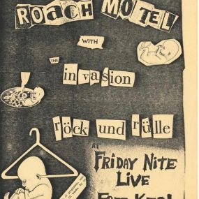 “..This is the first poster for our first gig for Roach Motel. We were actually banned because of it within town lines.

It turns out Jerry Farwell was staying across the street from where the club we were playing was. He got the early moral majority to march against us! My first gig, ruined! Looking back on it, I can laugh, but back then, I was so angry! Take care!
Love,
George..”

@georgetabb