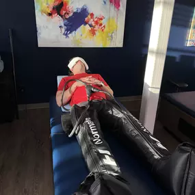 Here’s one of our members enjoying their Normatec compression therapy session. Every membership includes one complimentary session of Normatec per month!