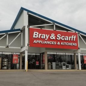 Outside view of the Bray & Scarff appliance store building with a red sign located in Annapolis, MD