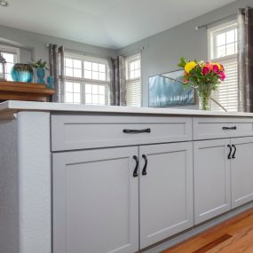 Soothing gray kitchen island after cabinet painting