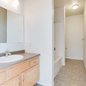 a bathroom with a sink and mirror and a shower