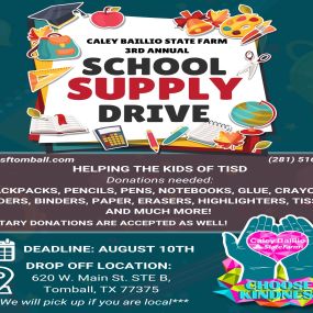 With the new school year just around the corner, we need your support! Join us for our 3rd Annual Back to School Supply Drive! Your contribution, big or small, will provide essential supplies and empower students with the tools they need to succeed academically! ✏️????✂️????

We are competing against another State Farm Agency Courtney Boring - State Farm Agent - With the overwhelming generosity and support here in Tomball, we have no doubt that we will win! ????

We are in need of the items list