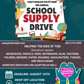 With the new school year just around the corner, we need your support! Join us for our 3rd Annual Back to School Supply Drive! Your contribution, big or small, will provide essential supplies and empower students with the tools they need to succeed academically! ✏️????✂️????

We are competing against another State Farm Agency Courtney Boring - State Farm Agent - With the overwhelming generosity and support here in Tomball, we have no doubt that we will win! ????

We are in need of the items list