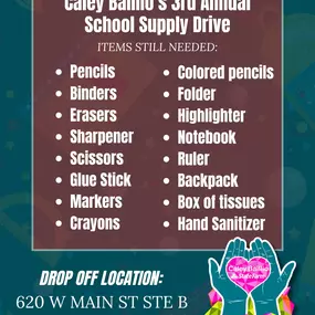 Below is the list for items that are still needed for our School Supply Drive! Don't forget, for your donation, we will give you a gift card for a FREE drink from our partner's, HTeaO Tomball! ????????

We will pick up donations if you are local! Call us if you have any questions! (281) 516-3030.