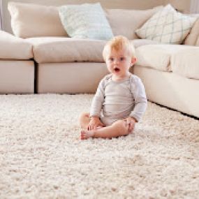 Young child sitting on clean carpets