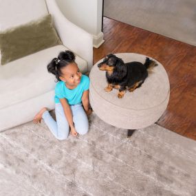 Girl and her dog next to upholstered furniture in Pueblo