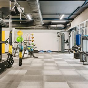 Large fitness center with free weights and medicine balls