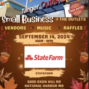 Join us for the Small Business Pop-Up at Tanger Outlets on September 14, 2024, from 10 AM to 4 PM at 6800 Oxon Hill Rd, National Harbor, MD!