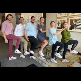 We hit our goals….so I bought matching State Farm colored Nikes for the team!  
Custom designed and delivered today, so we had to take time for a photo opt. 
Cheers to this amazing team!