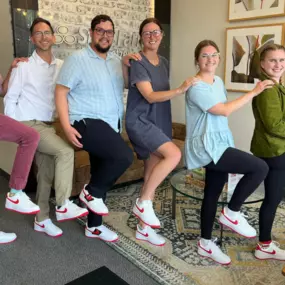 We hit our goals….so I bought matching State Farm colored Nikes for the team!  
Custom designed and delivered today, so we had to take time for a photo opt. 
Cheers to this amazing team!